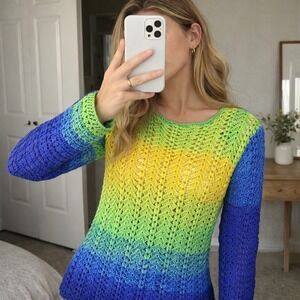 Ombre Open Knit Sweater Womens Medium Green Blue Boho Festival